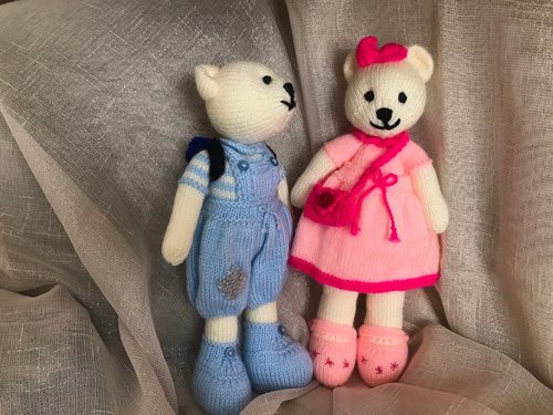 Brenda, teddy bear friends, knitting.